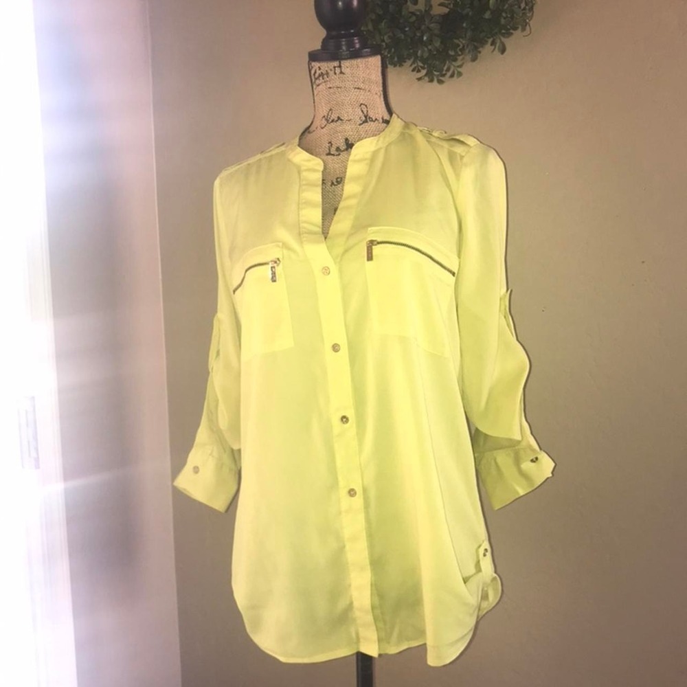 Calvin Klein Neon Lime Yellow Roll Tab Sleeve Utility Blouse Gold Zip Accent